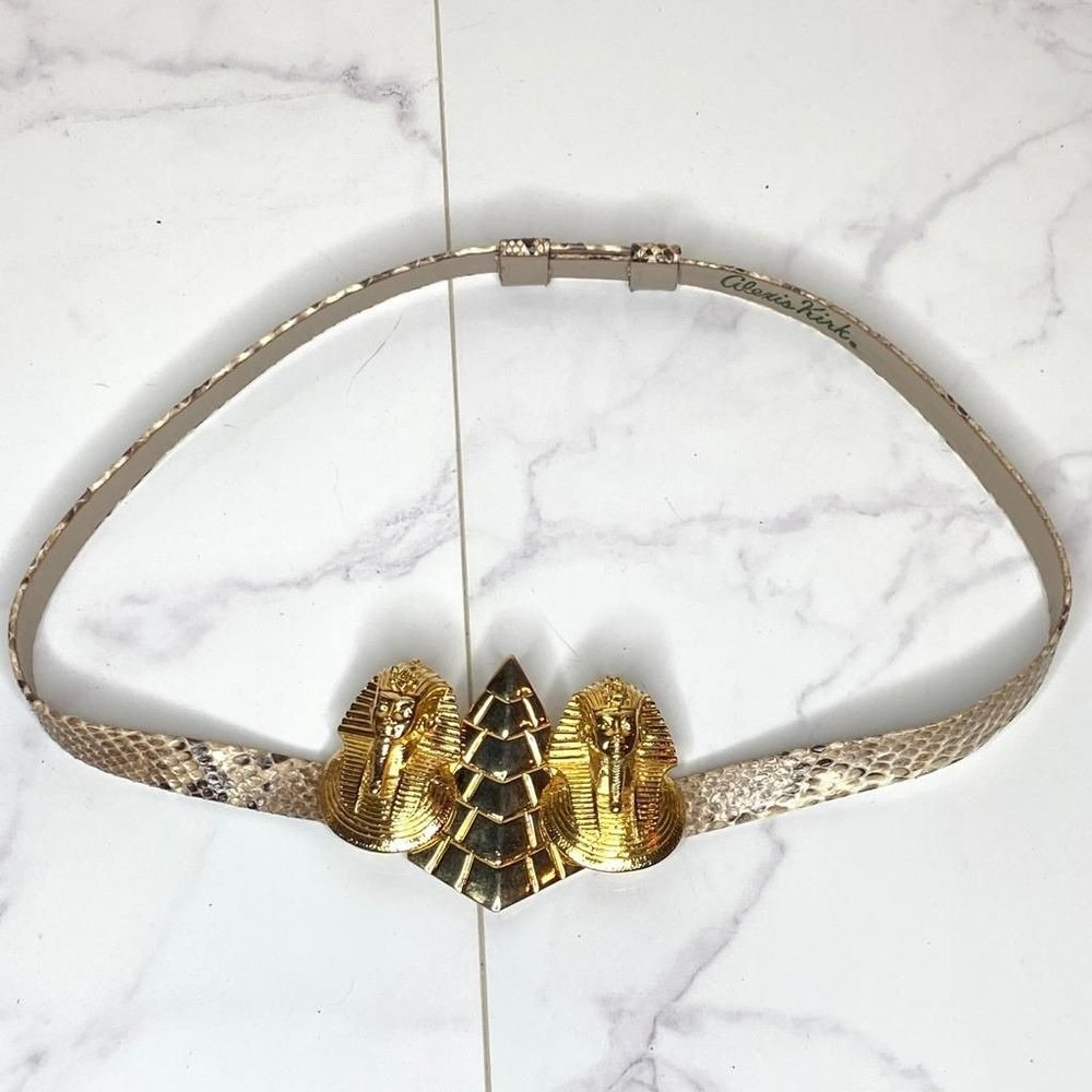 Vintage ALEXIS KIRK Egyptian Revival Gold Pharaoh Pyramid Belt Buckle Python OS